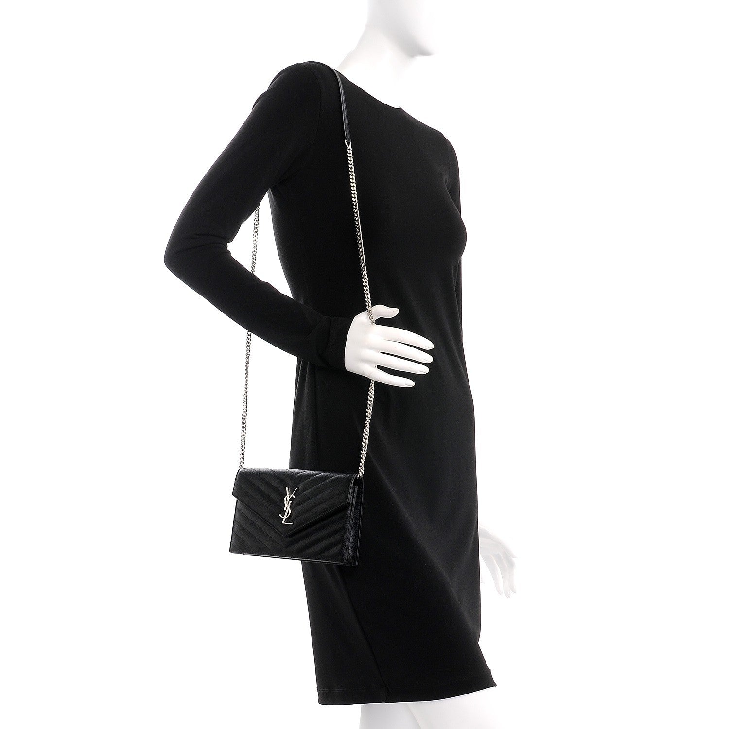 Saint Laurent Grain De Poudre Matelasse Chevron Monogram Envelope Chain Wallet Black 2 of 9