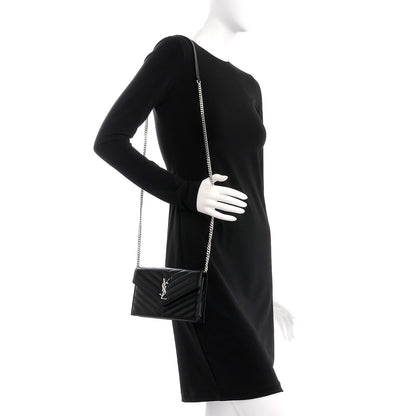 Saint Laurent Grain De Poudre Matelasse Chevron Monogram Envelope Chain Wallet Black 2 of 9