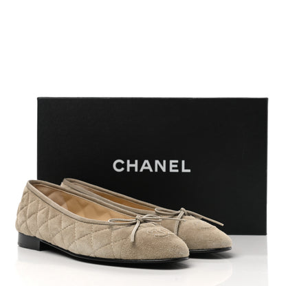 Chanel Suede Calfskin Quilted Cap Toe CC Ballerina Flats 36.5 Dark Beige 10 of 10