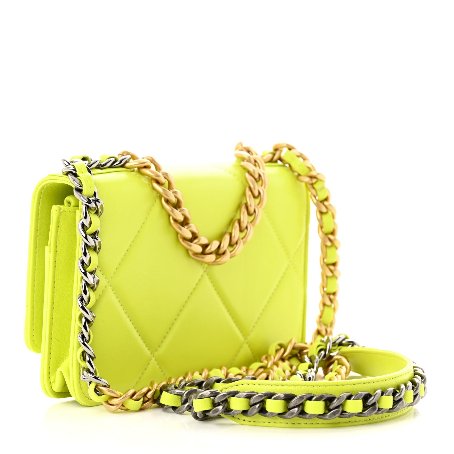 Chanel Shiny Lambskin Quilted Chanel 19 Wallet On Chain WOC Neon Yellow 3 of 13