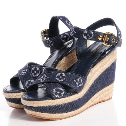 Louis Vuitton Monogram Denim Formentera Wedge Pumps 8.5 Grand Blue 3 of 9