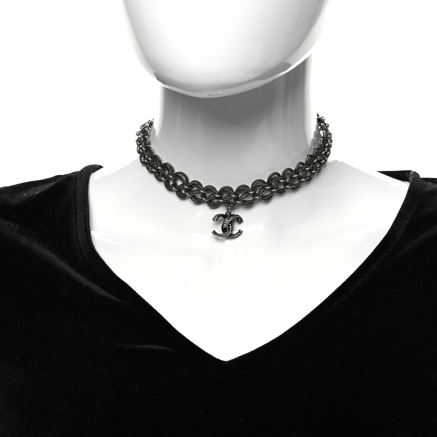 Chanel Twisted Chain Link Crystal CC Choker Necklace Ruthenium 2 of 5
