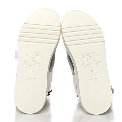 Chanel Goatskin Fabric Gladiator Sandals 38 White Light Grey Navy Blue 6 of 9