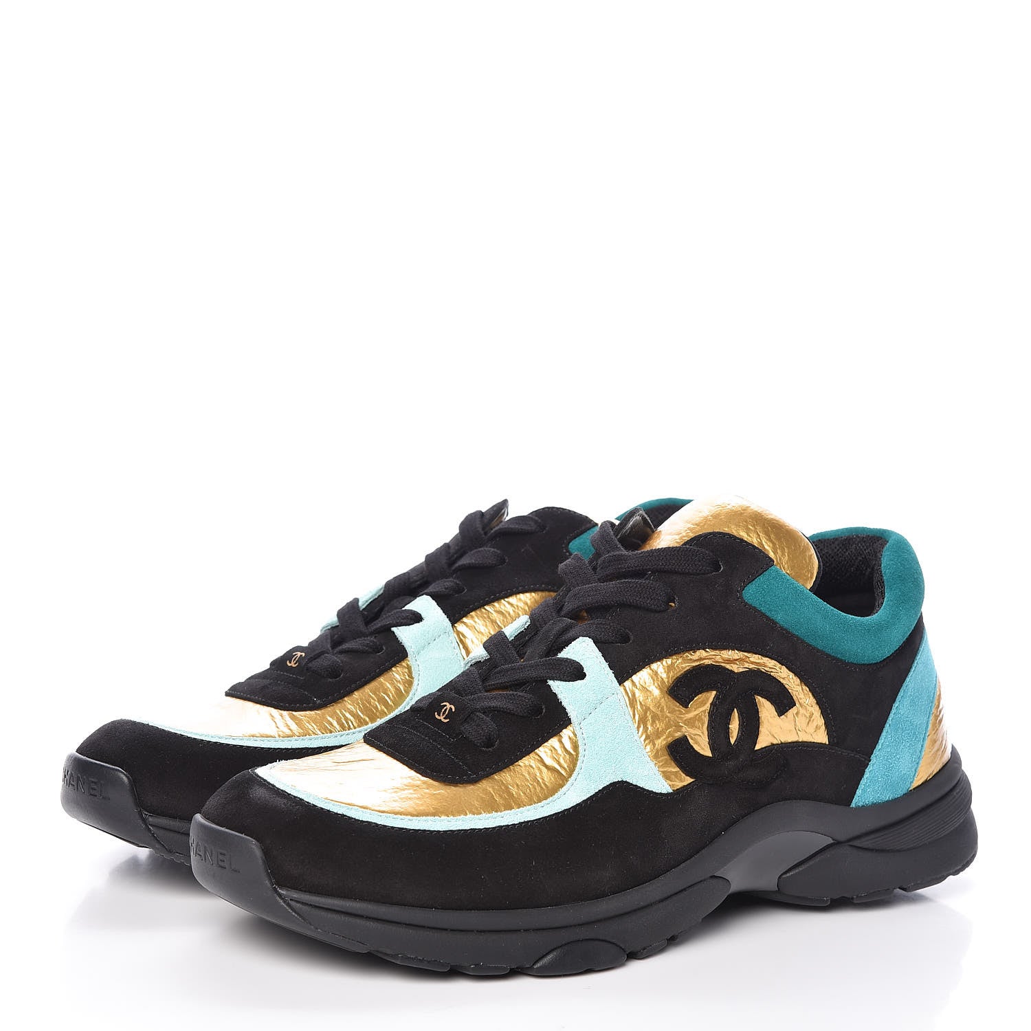 Chanel Fabric Suede Calfskin Sneakers 41 Black Turquoise Gold 3 of 8