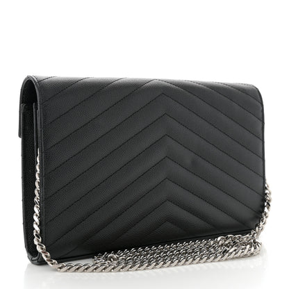 Saint Laurent Grain De Poudre Matelasse Chevron Monogram Chain Wallet Black 3 of 13