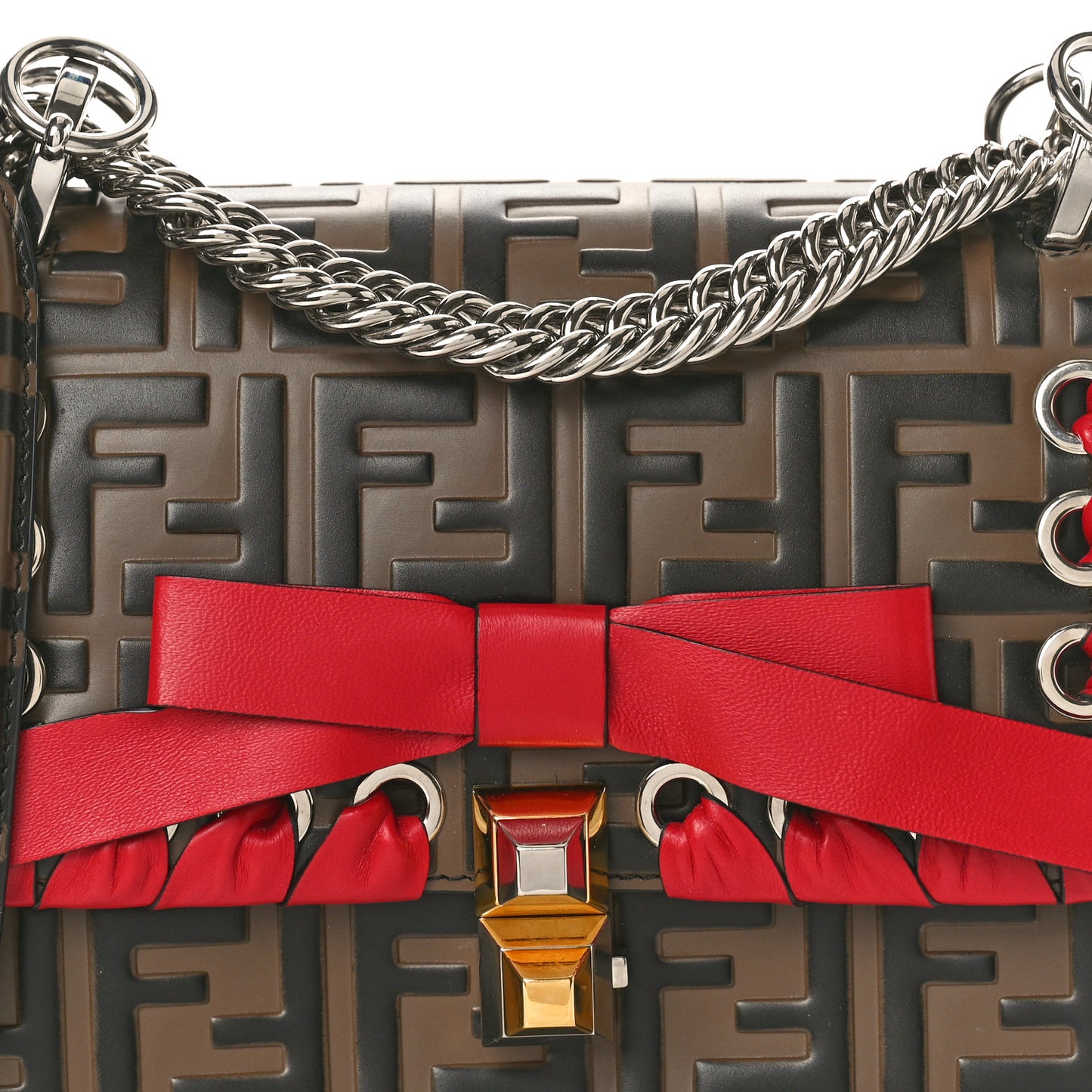 Vitello Shiny Nappa Bi-Color FF 1974 Lace Up Bow Embossed Small Kan I Shoulder Bag Maya Black Fragola