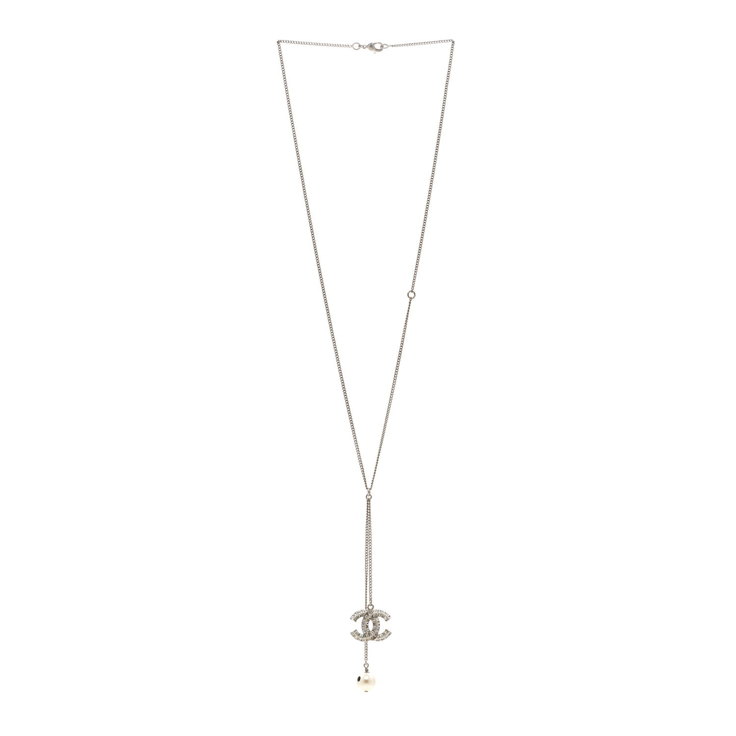 Baguette Crystal Pearl CC Lariat Necklace Silver