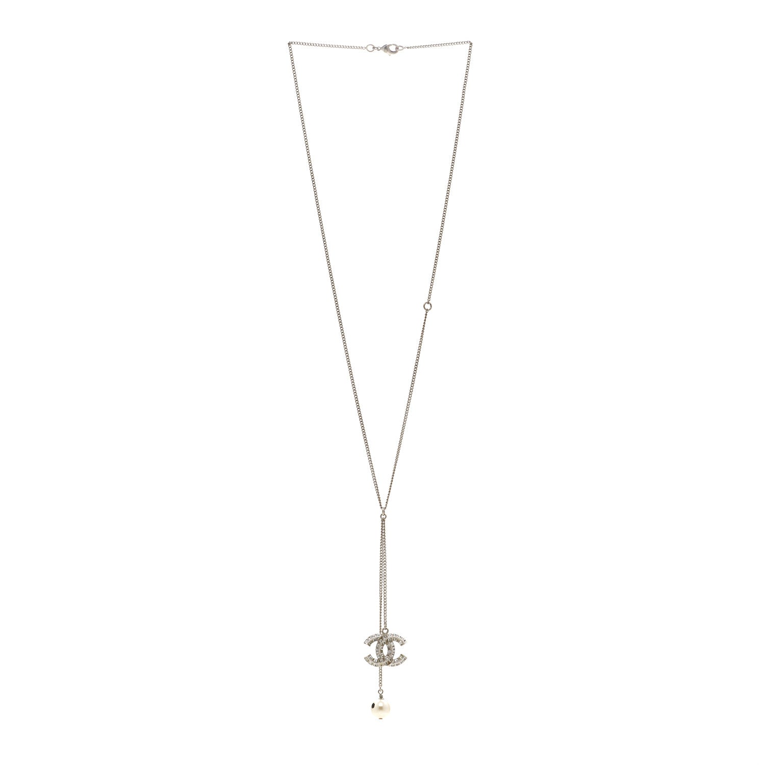 Chanel Baguette Crystal Pearl CC Lariat Necklace Silver 3 of 5