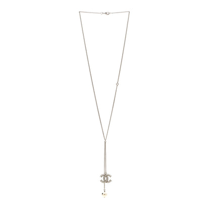Chanel Baguette Crystal Pearl CC Lariat Necklace Silver 3 of 5