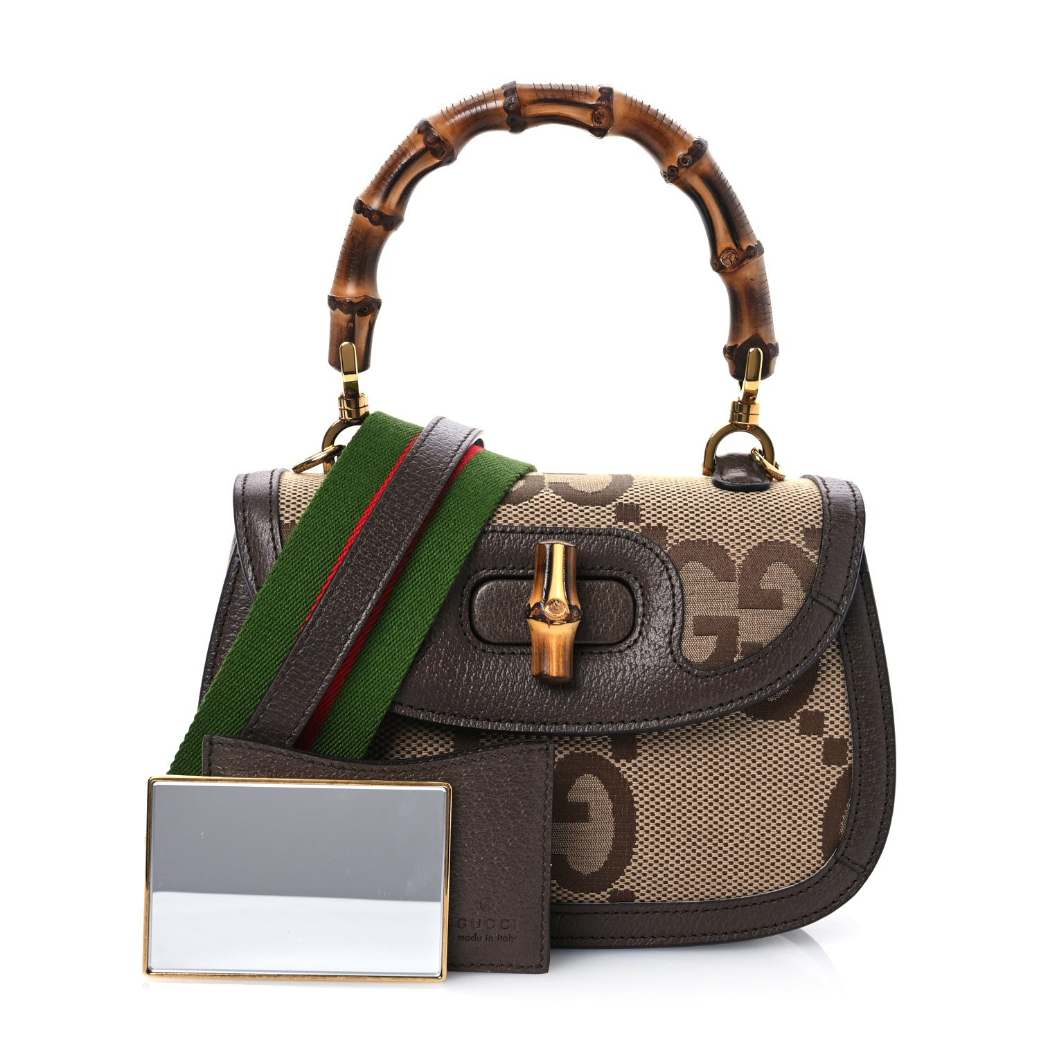 Gucci Monogram Jumbo GG Textured Dollar Calfskin Web Small Bamboo 1947 Top Handle Bag Camel Ebony New Acero 3 of 11