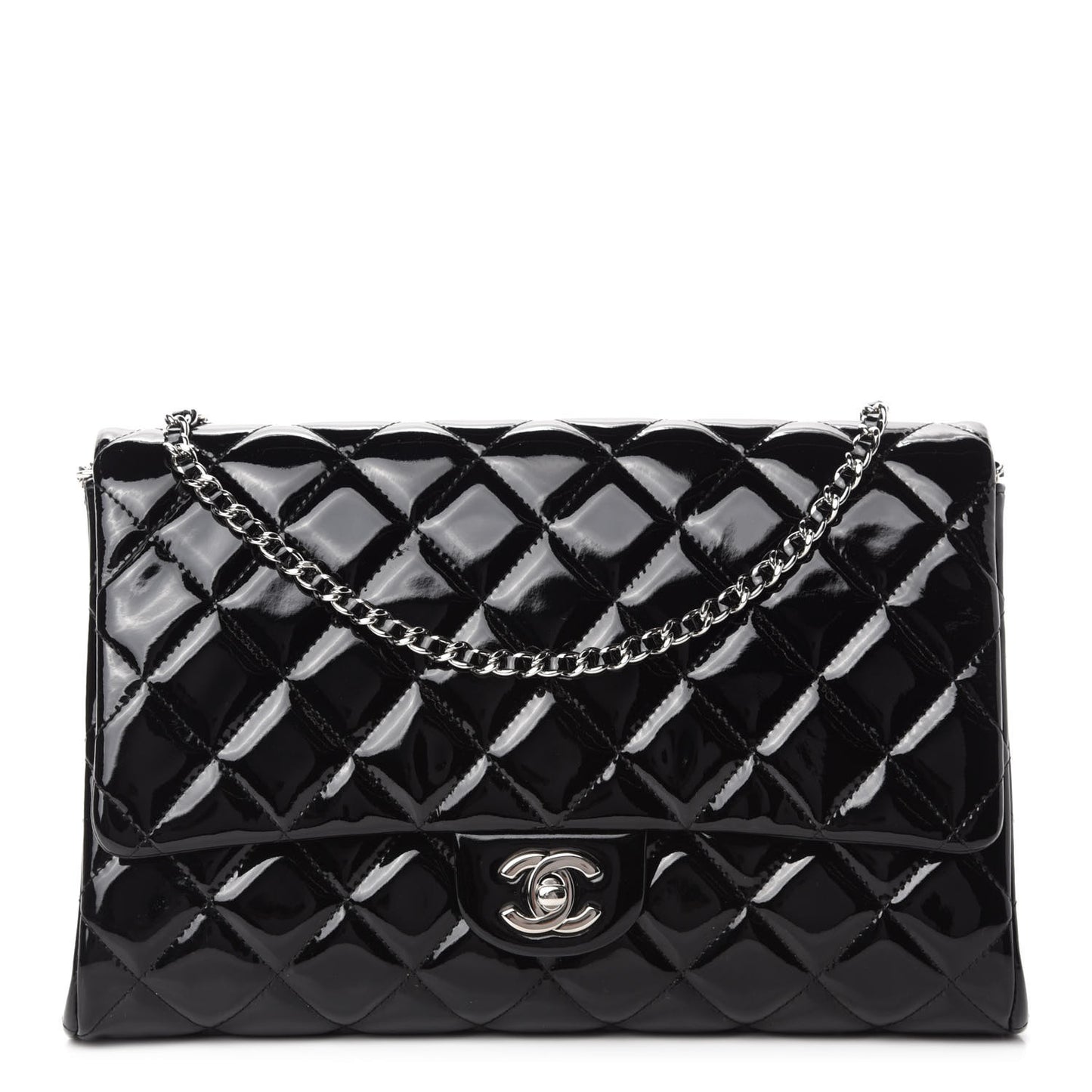 Patent Quilted Clutch with Chain Flap Black