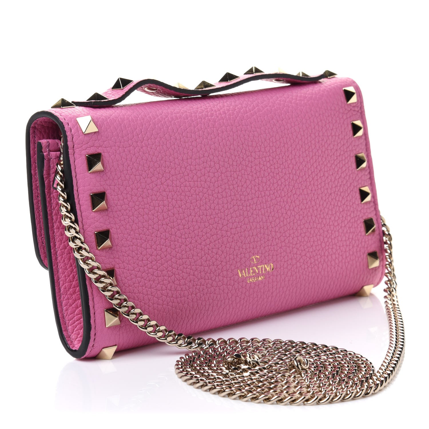 Valentino Garavani Pebbled Calfskin Rockstud Flip Lock Wallet On Chain Dawn Pink 2 of 8