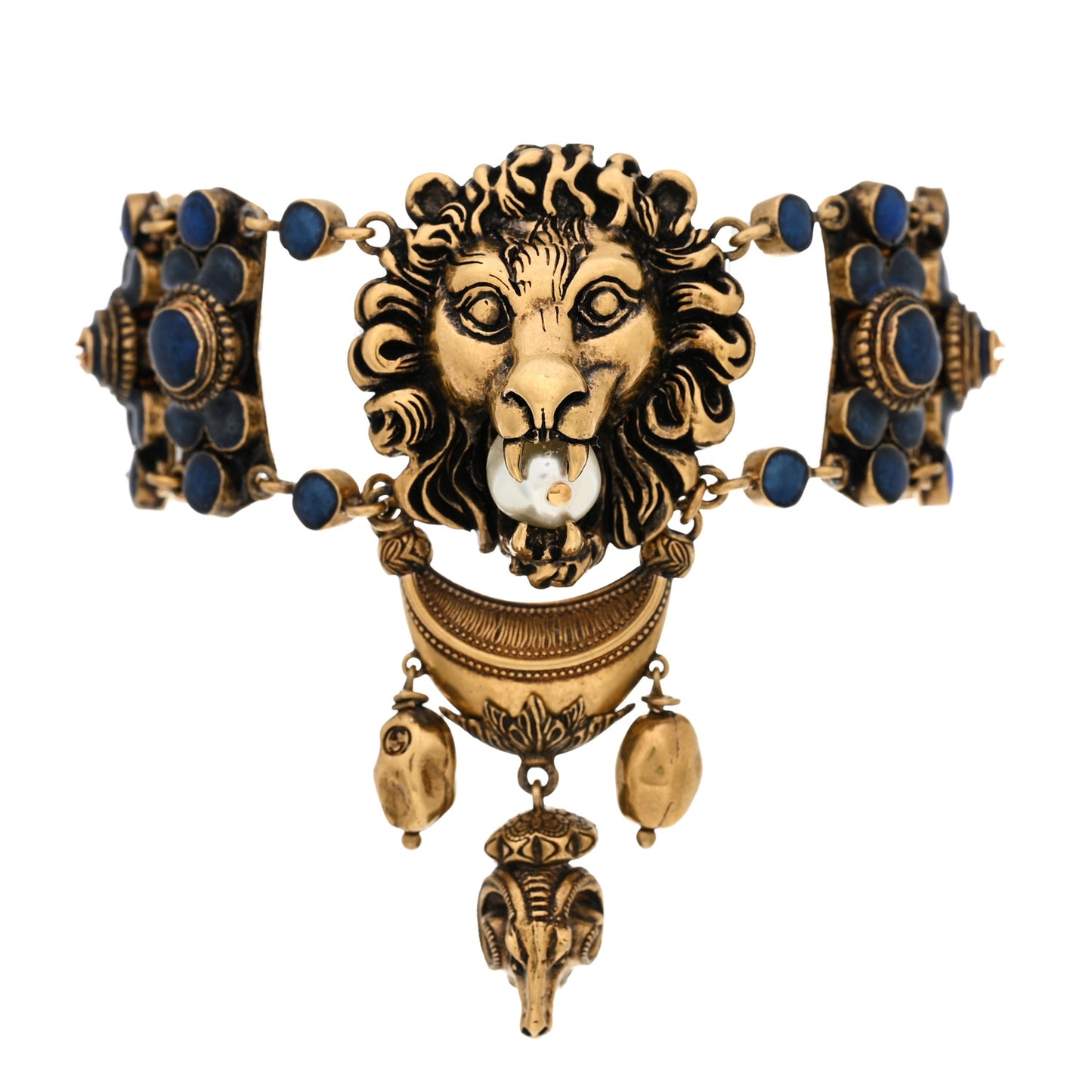 Metal Resin Pearl Lion Head Bracelet Aged Gold Blue