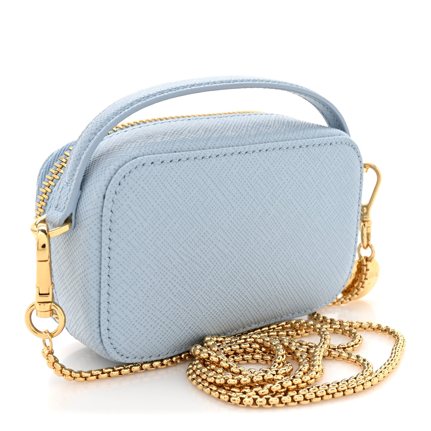 Saffiano Metal Triangle Logo Mini Pouch with Handle Blue