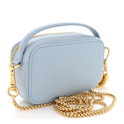 Prada Saffiano Metal Triangle Logo Mini Pouch with Handle Blue 3 of 10