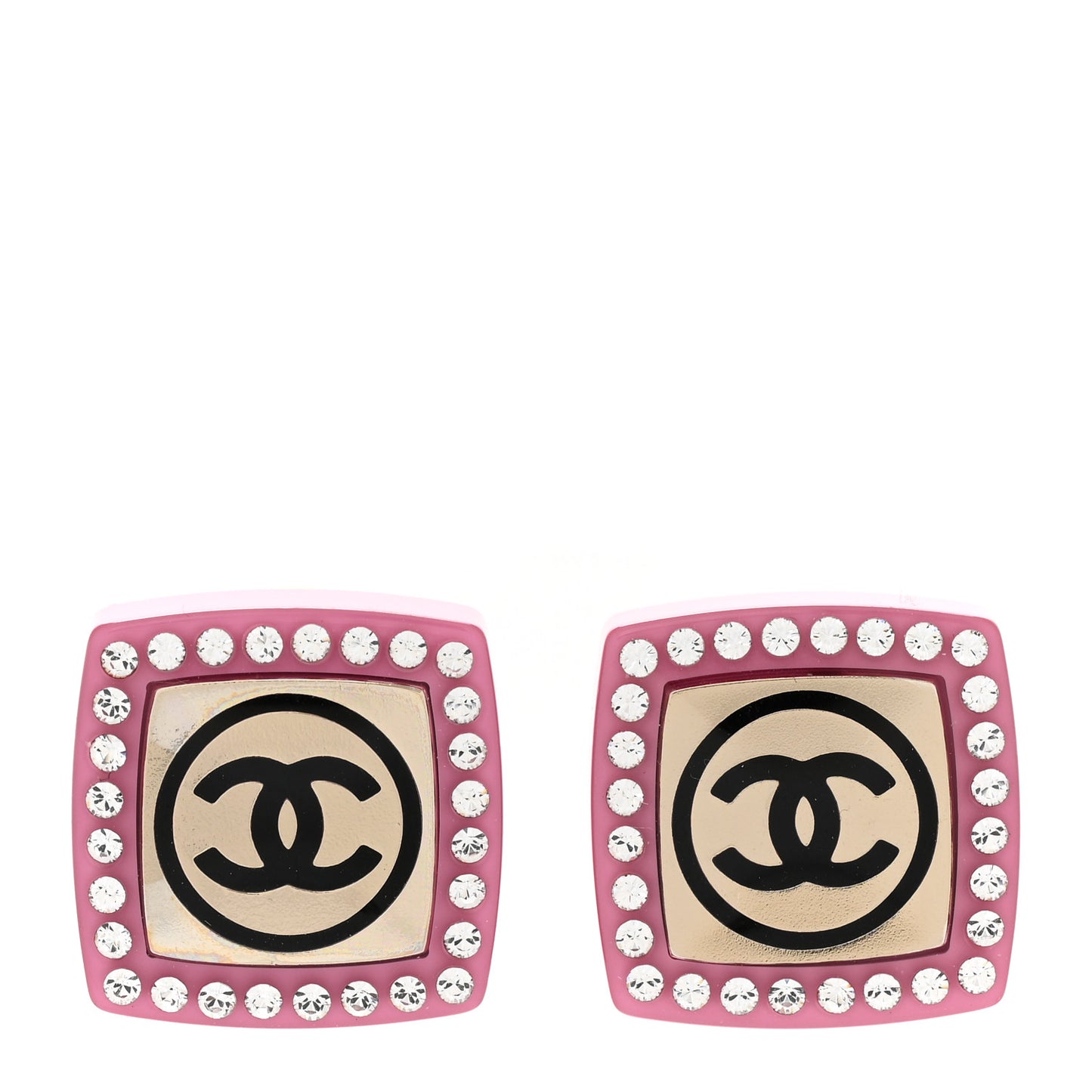 Metal Resin Crystal CC Square Earrings Gold White Pink
