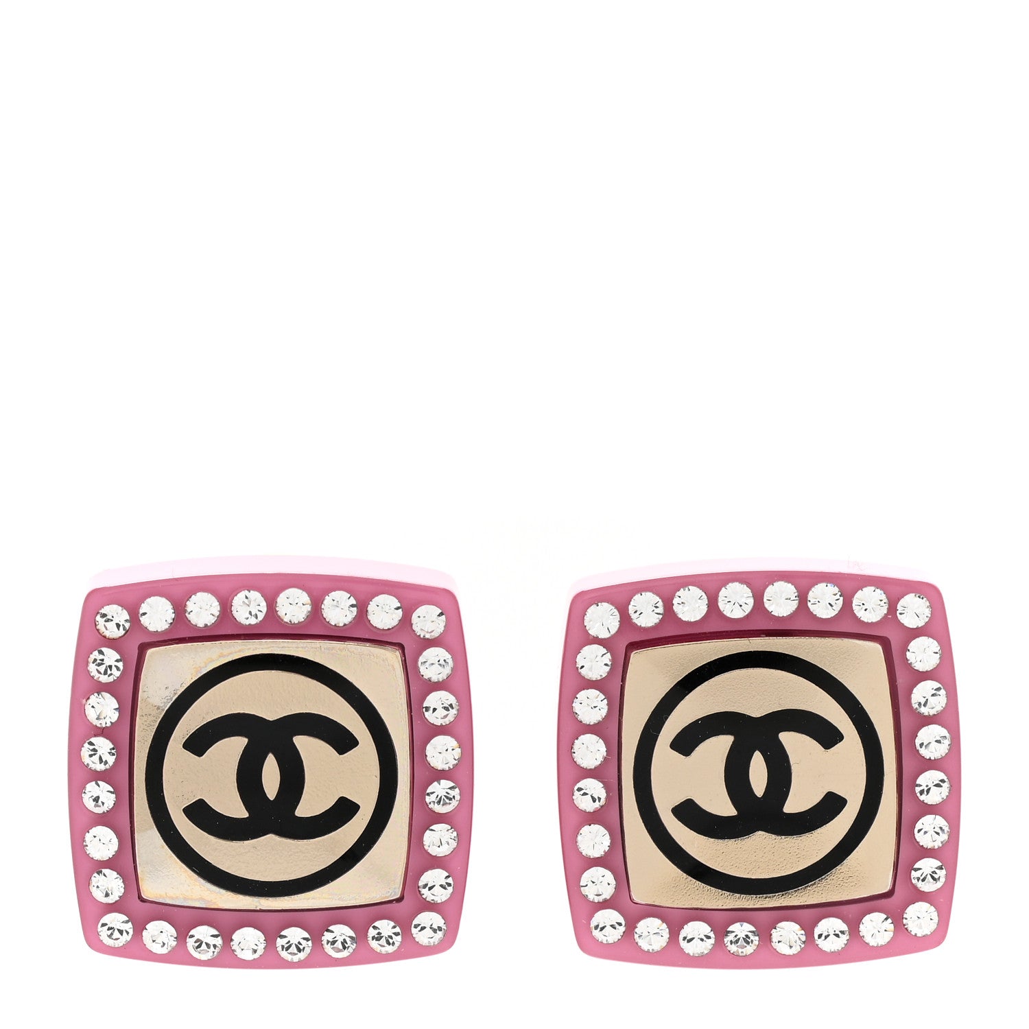 Chanel Metal Resin Crystal CC Square Earrings Gold White Pink 1 of 5
