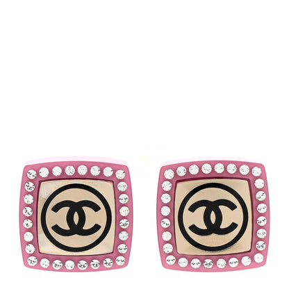 Chanel Metal Resin Crystal CC Square Earrings Gold White Pink 1 of 5