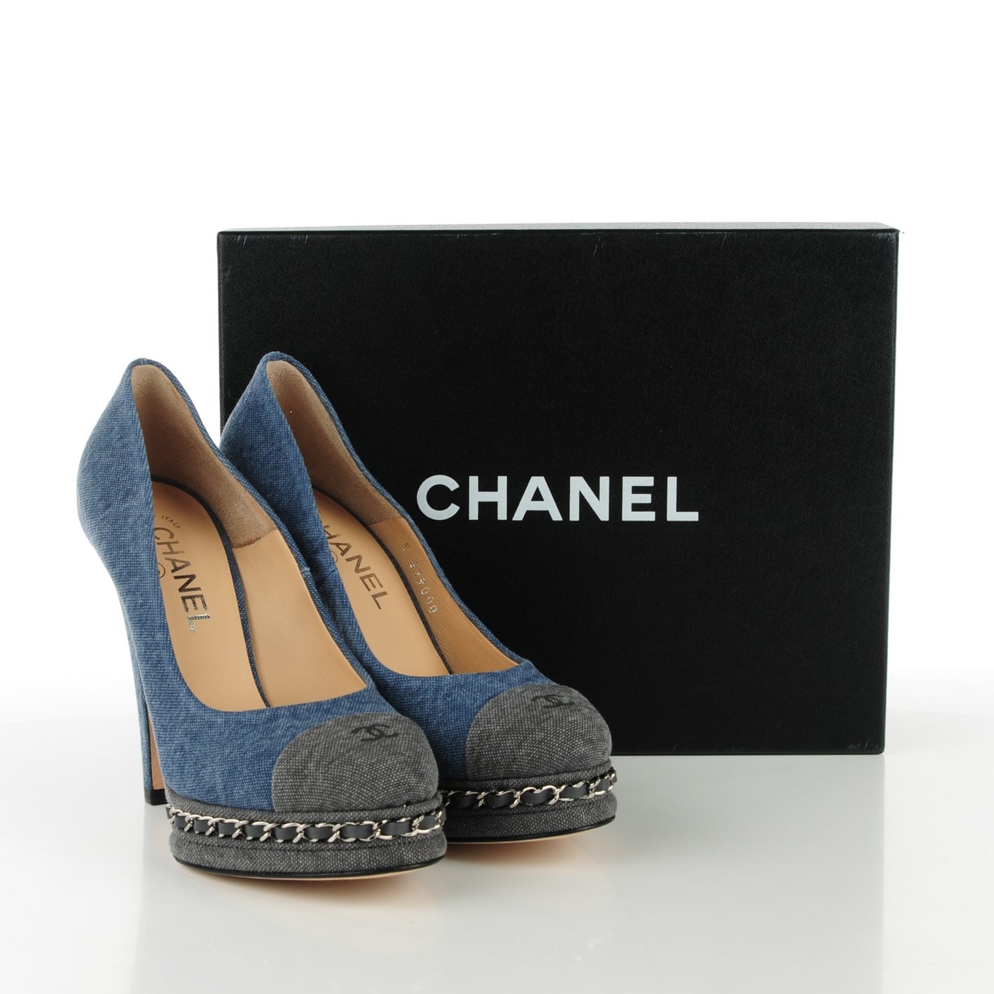 Denim Chain Around Cap Toe Platform Pumps 37.5 Blue Gris Fonce