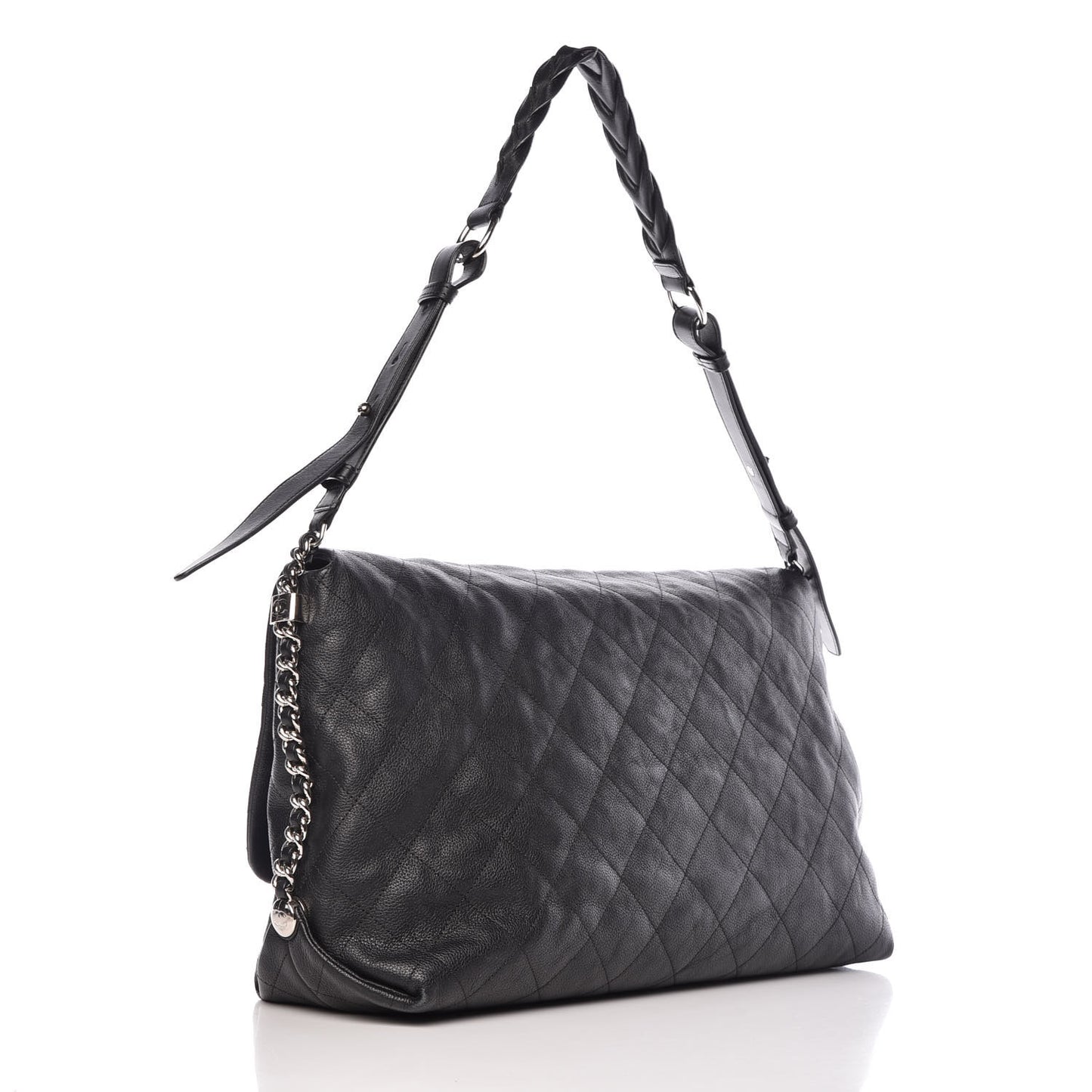 Grained Calfskin Stitched Medium Braided With Style Flap Black