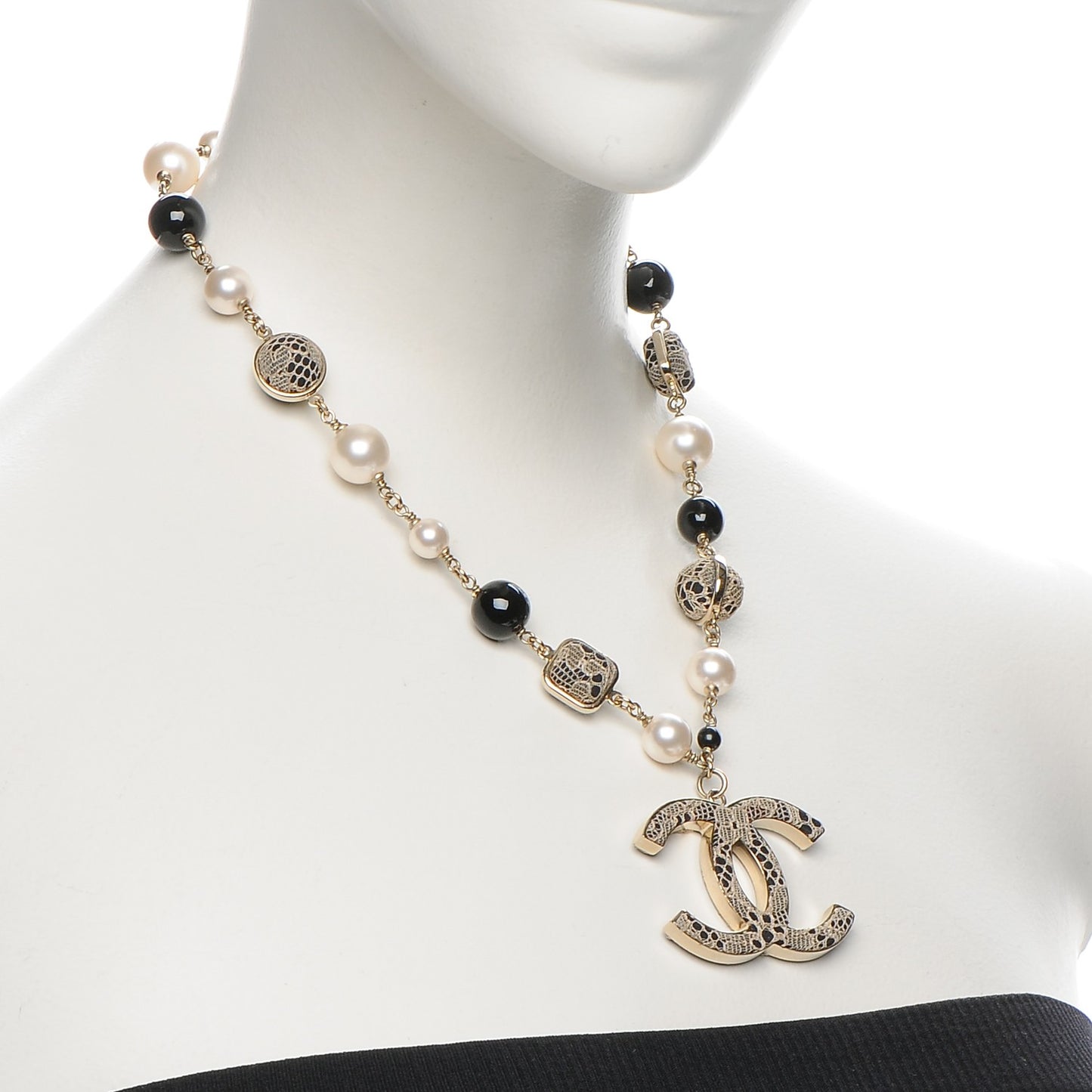 Pearl Beaded Lace CC Necklace Black Gold