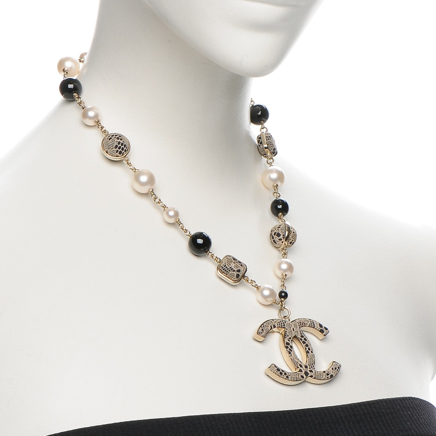Chanel Pearl Beaded Lace CC Necklace Black Gold 2 of 5