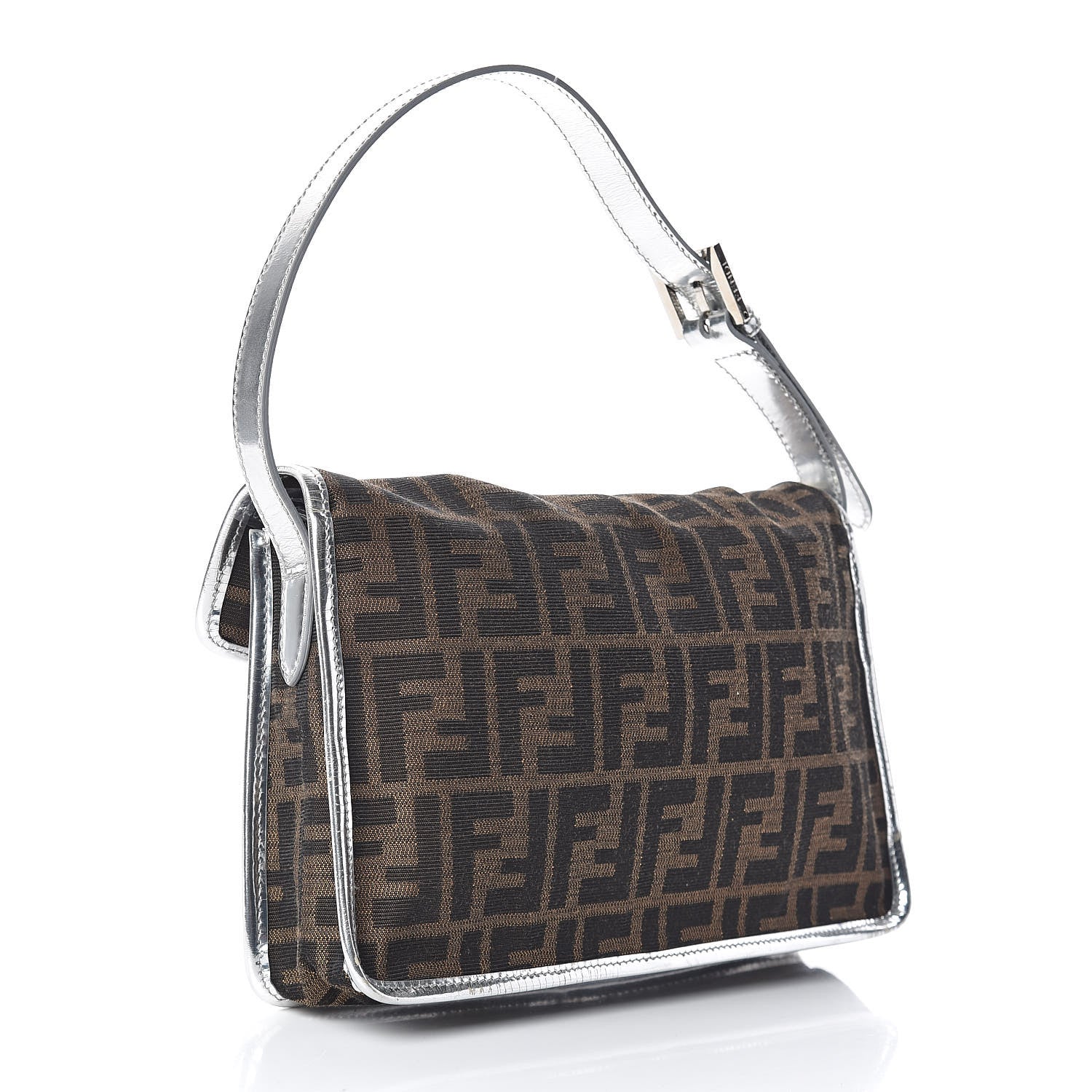 Fendi Metallic Calfskin Zucca Shoulder Bag Silver Tobacco 3 of 9