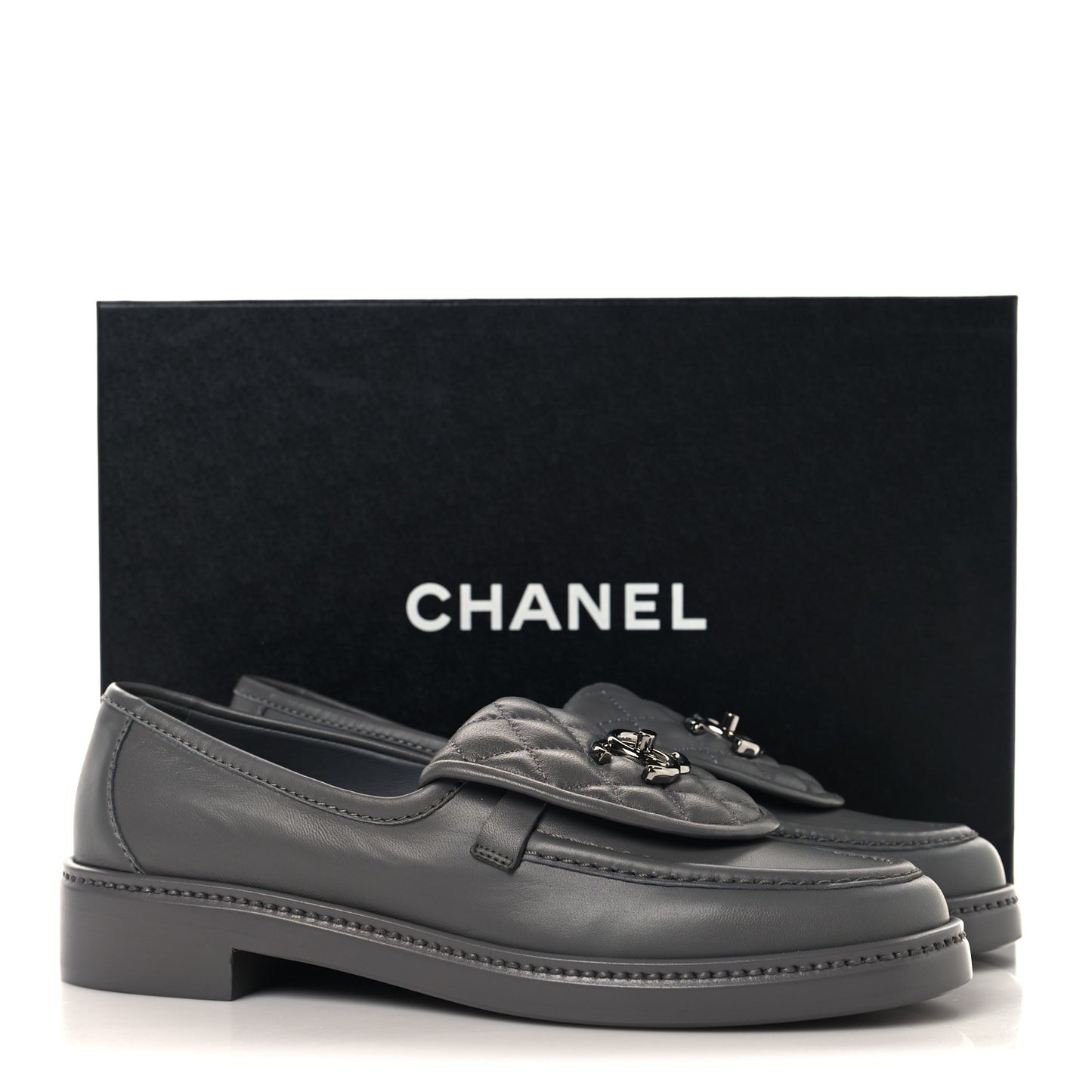 Lambskin Quilted CC Turnlock Loafers 37.5 Dark Grey
