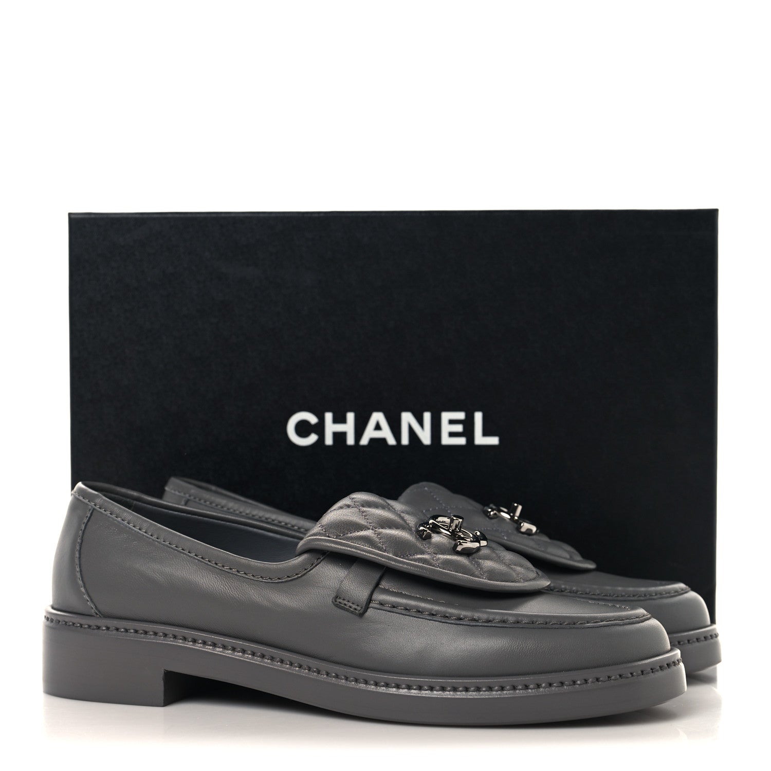 Chanel Lambskin Quilted CC Turnlock Loafers 37.5 Dark Grey 10 of 10