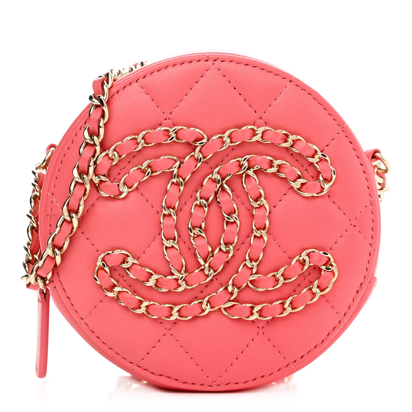 Lambskin Quilted Large CC Round Clutch With Chain Pink