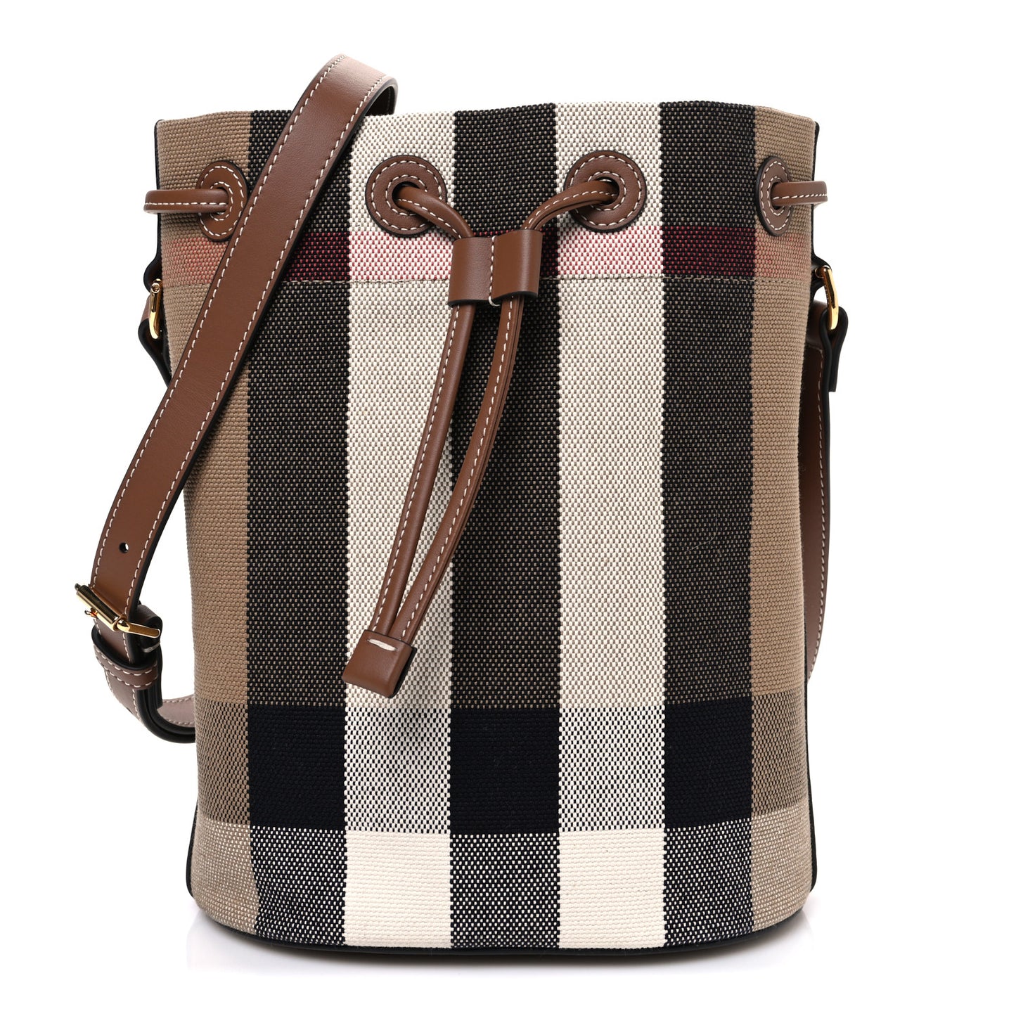 Giant Check Canvas Small Bucket Bag Taupe Brown