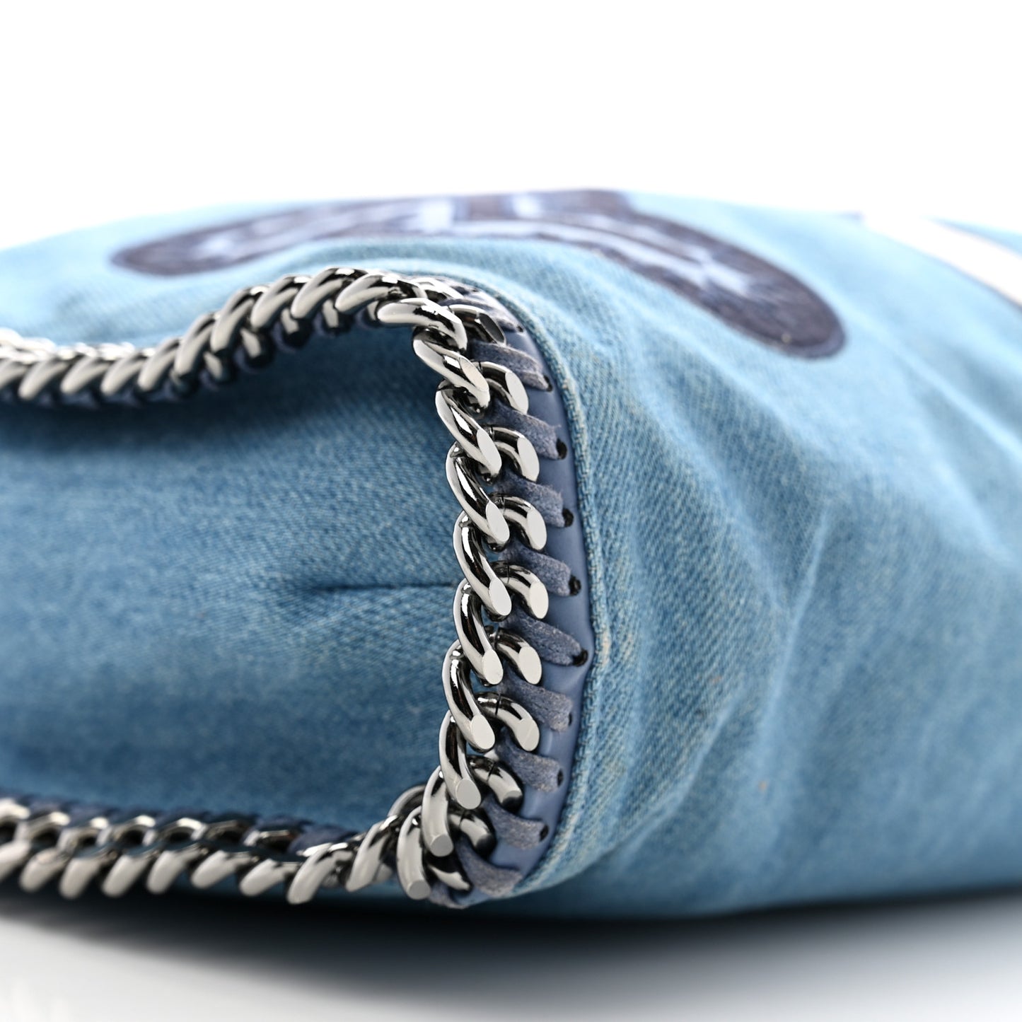 Eco Denim Embroidered Zigarette Falabella Fold Over Tote Blue