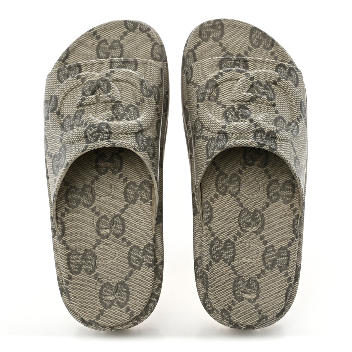 Cubic Rubber GG Monogram Womens Interlocking G Platform 42mm Slide Sandals 36 Beige Ebony