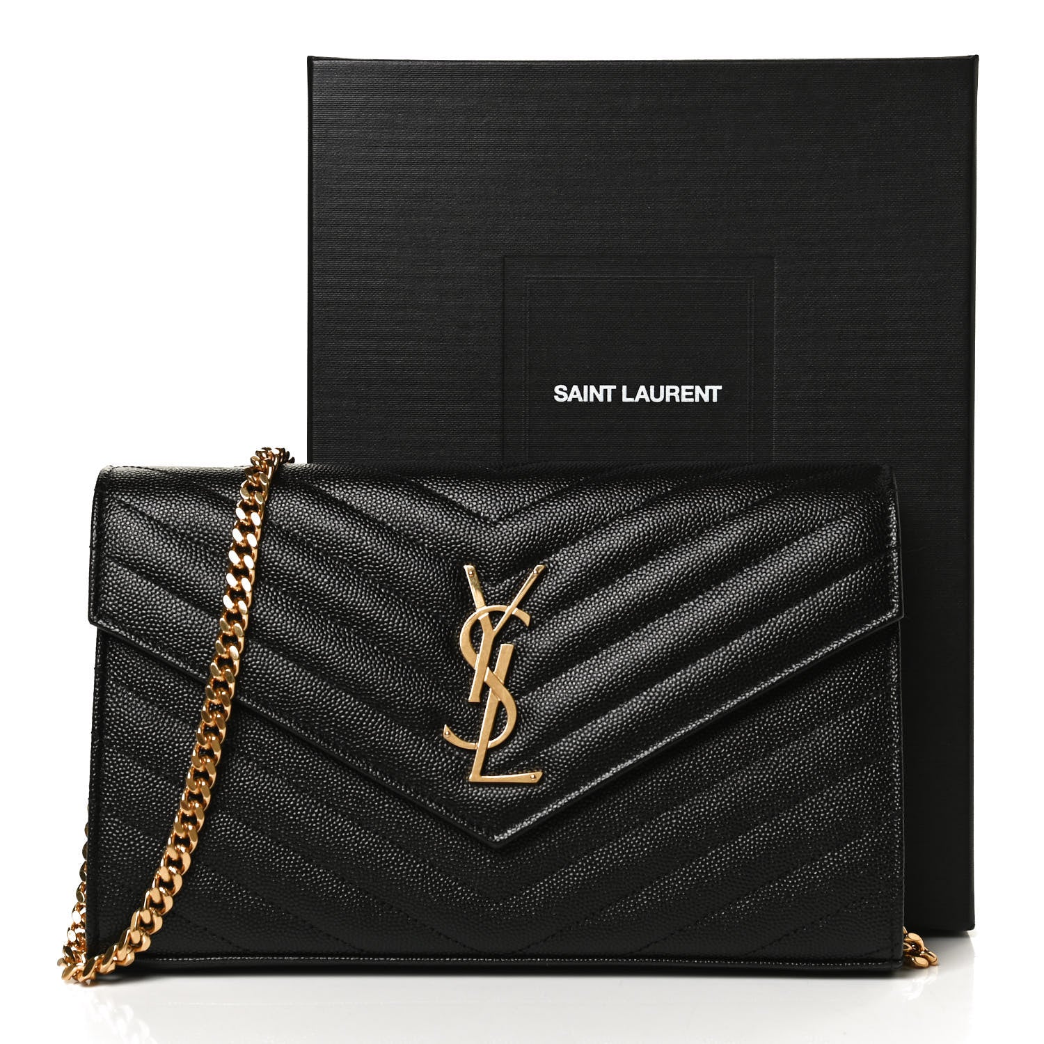 Saint Laurent Grain De Poudre Matelasse Chevron Monogram Chain Wallet Black 11 of 11
