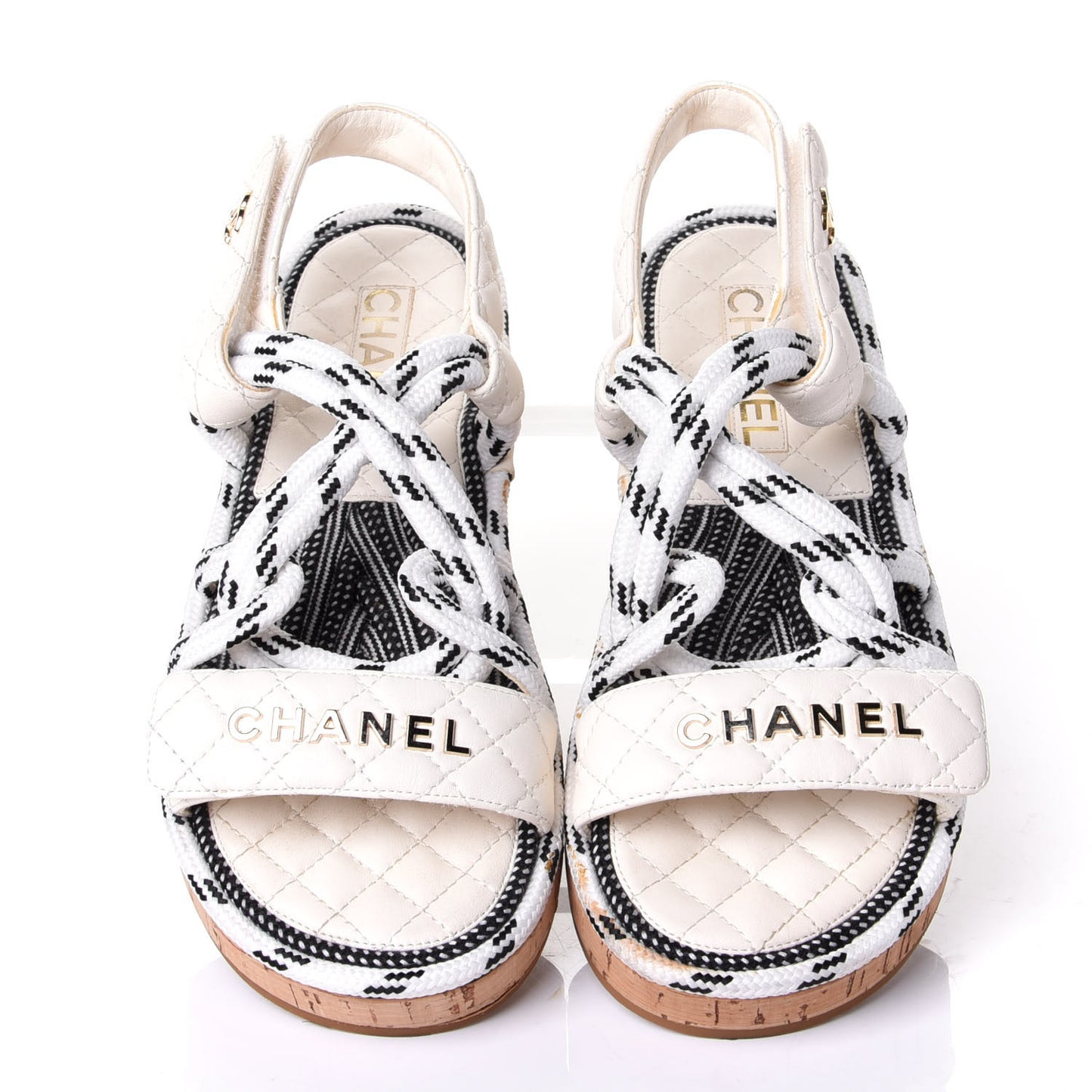 Cord Lambskin Quilted Logo Sandals 38 White Black