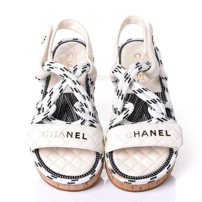 Chanel Cord Lambskin Quilted Logo Sandals 38 White Black 9 of 19