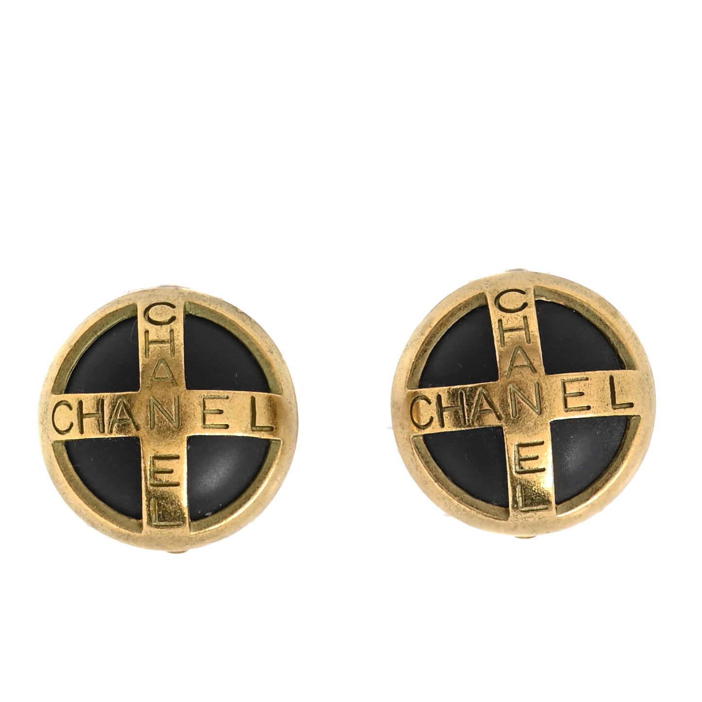 Enamel CC Logo Round Clip On Earrings Black Gold
