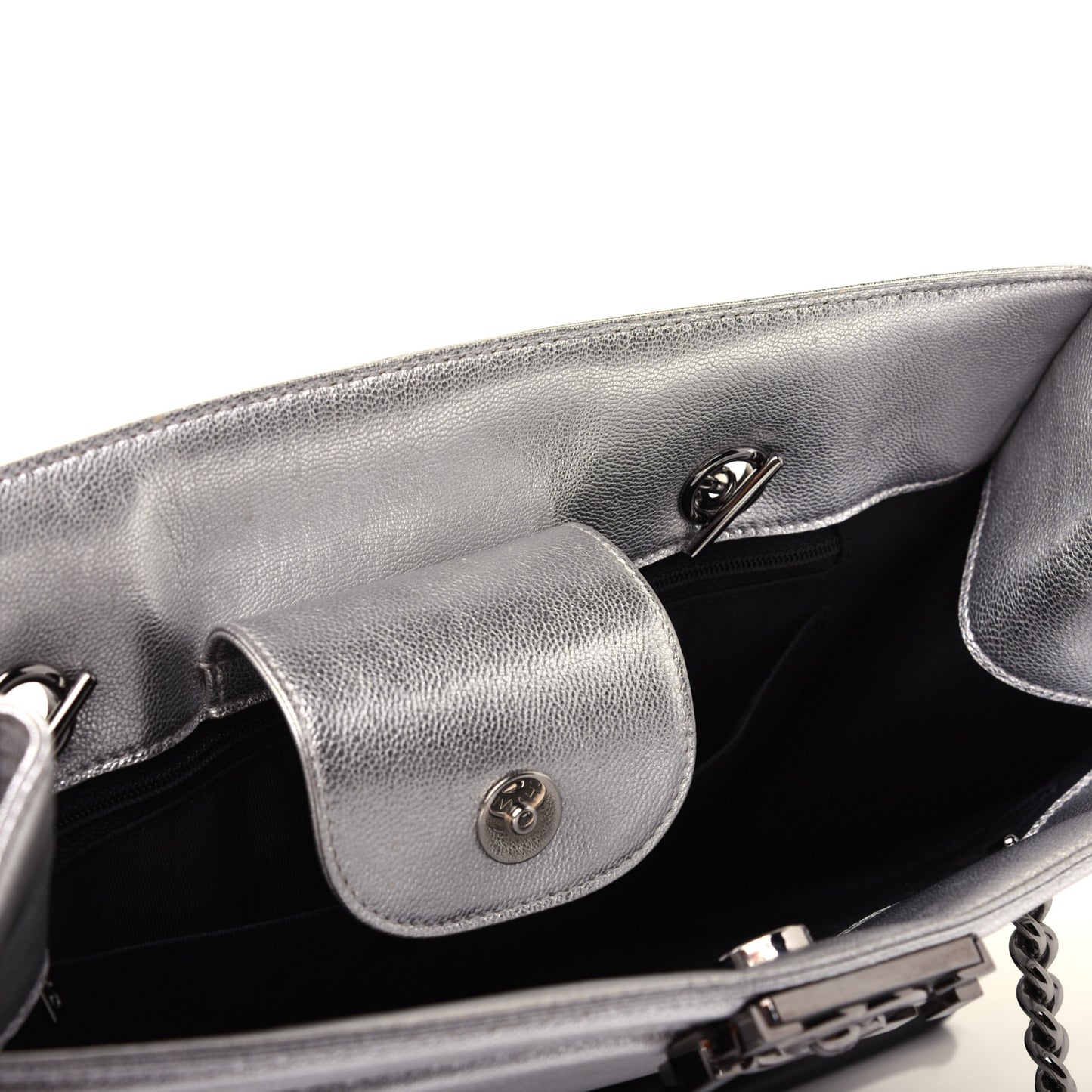 Metallic Goatskin Calfskin Bi-Color Large Boy Tote Black Silver