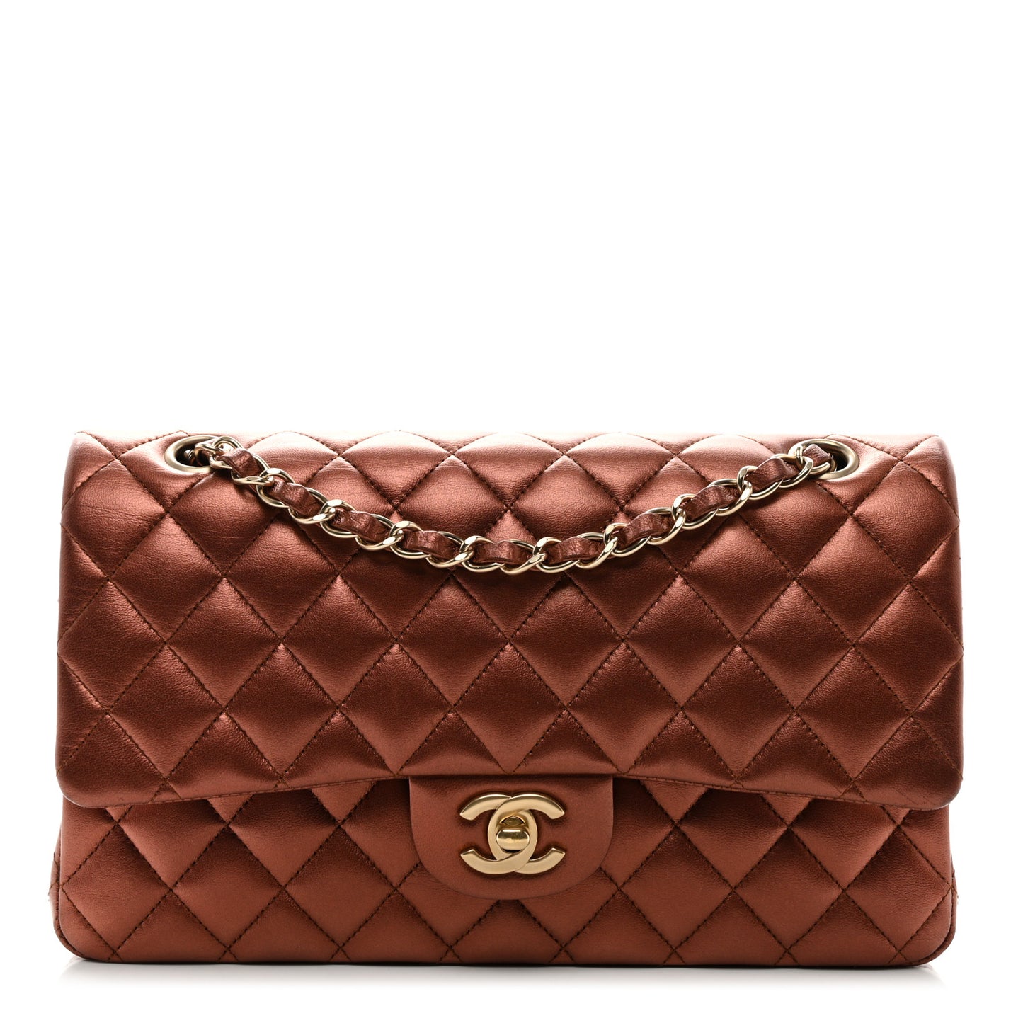 Metallic Lambskin Quilted Medium Double Flap Bronze