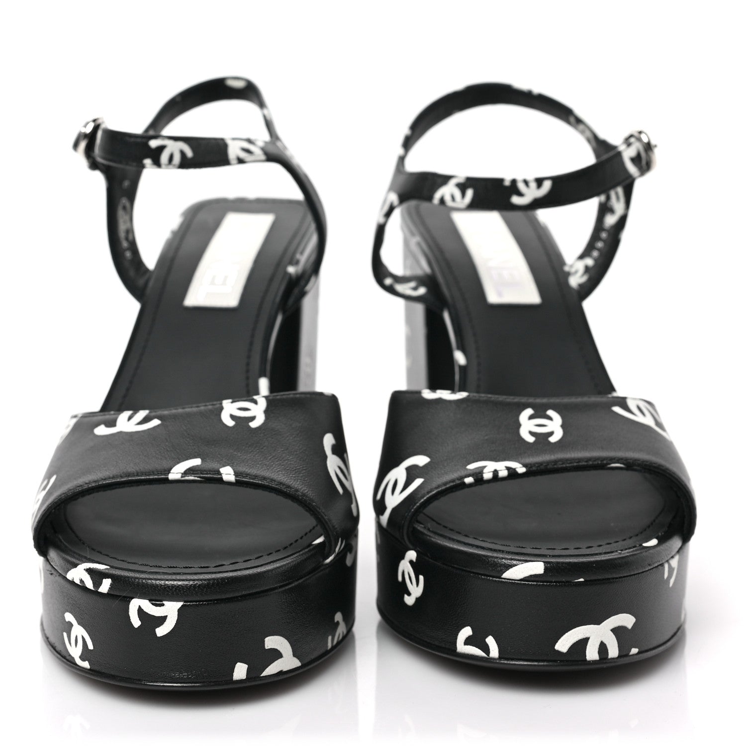 Chanel Printed Lambskin CC Platform Sandals 39.5 Black White 2 of 9