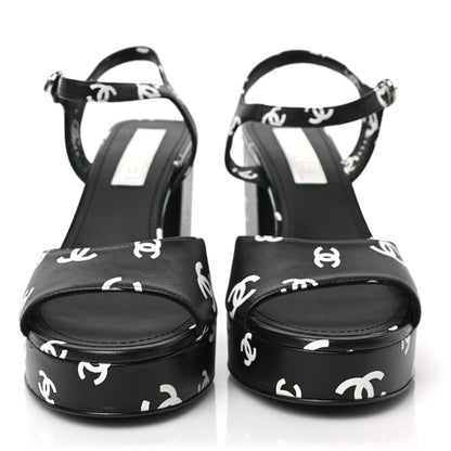 Chanel Printed Lambskin CC Platform Sandals 39.5 Black White 2 of 9