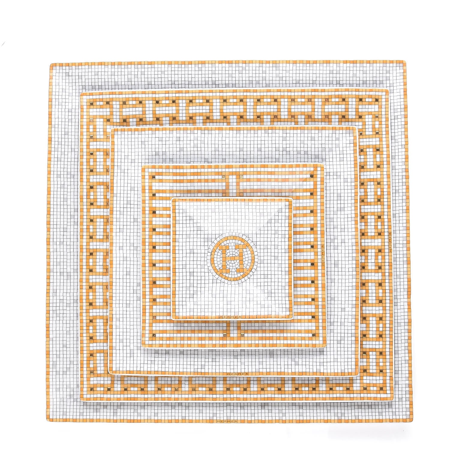 Hermes Porcelain Mosaique Au 24 Set of 5 Square Plates Gold 1 of 6