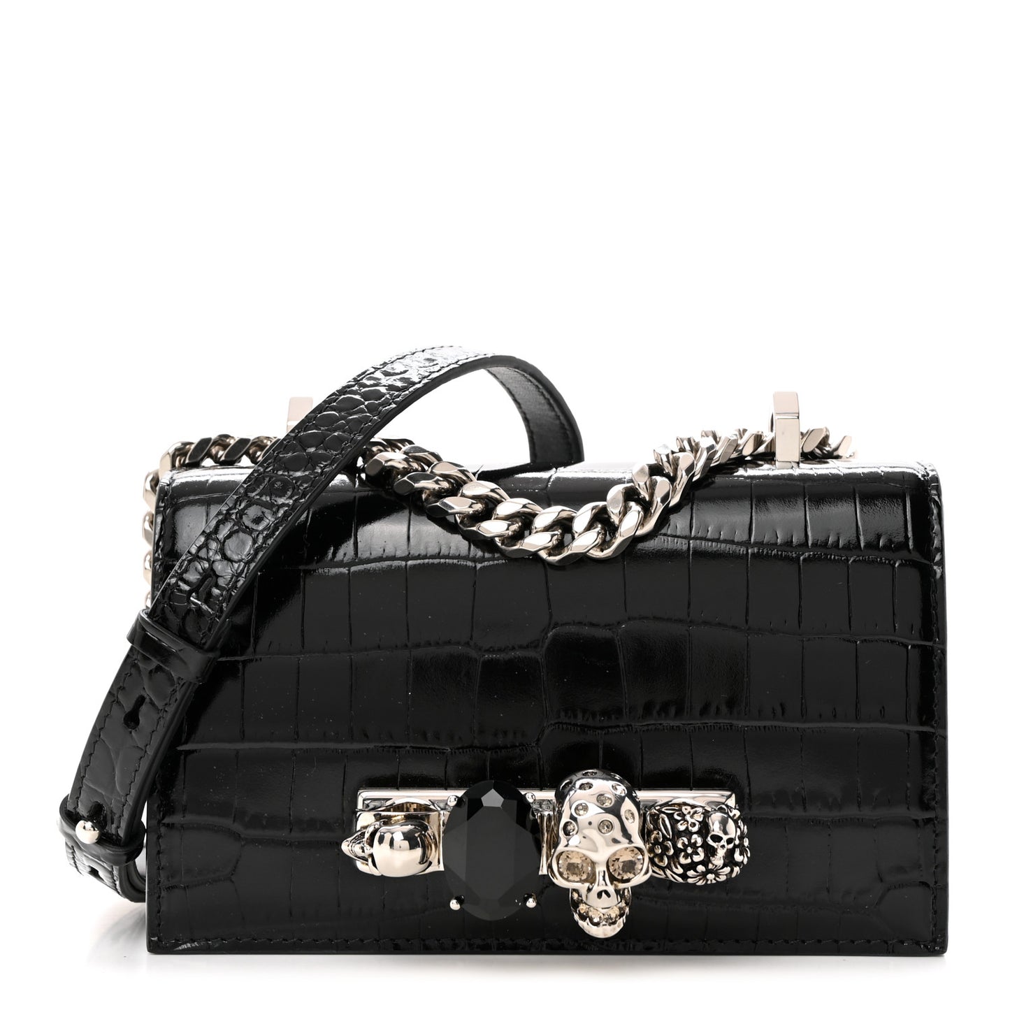 Calfskin Shiny Crocodile Embossed Jeweled Satchel Black