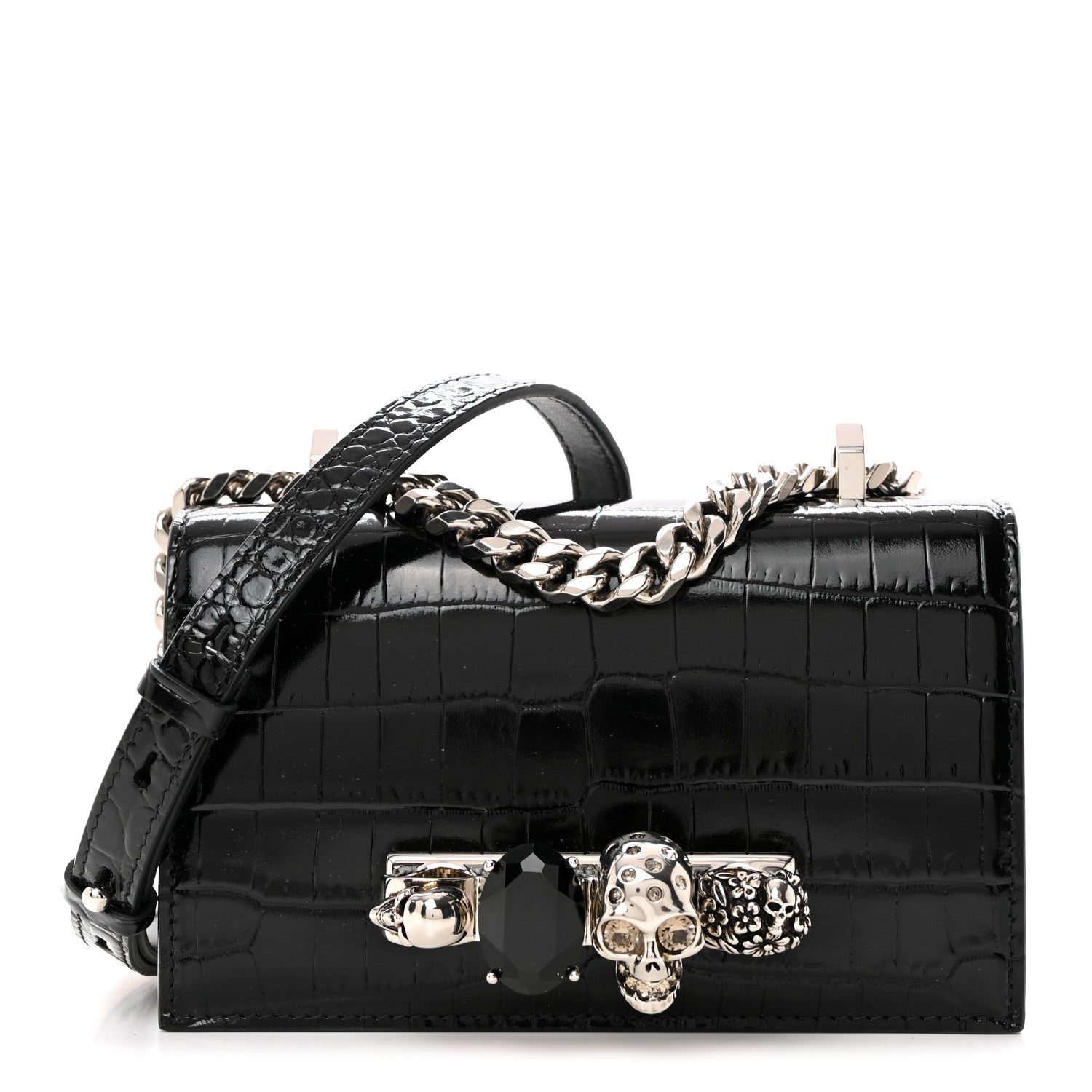 Alexander McQueen Calfskin Shiny Crocodile Embossed Jeweled Satchel Black 1 of 11