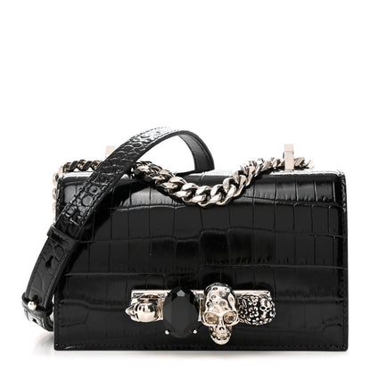 Alexander McQueen Calfskin Shiny Crocodile Embossed Jeweled Satchel Black 1 of 11