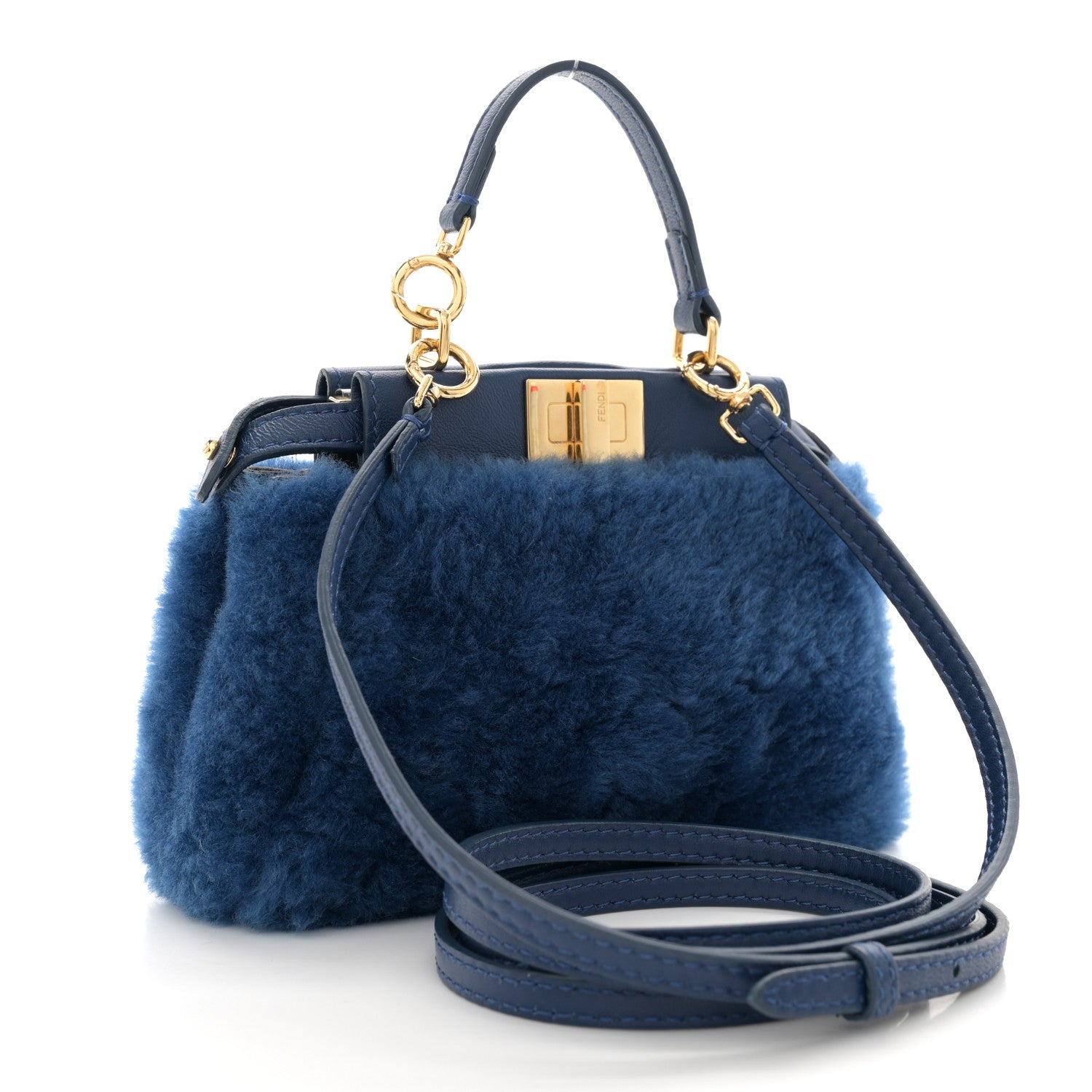 Fendi Shearling Shiny Nappa Micro Peekaboo Iconic Satchel Blue 3 of 11
