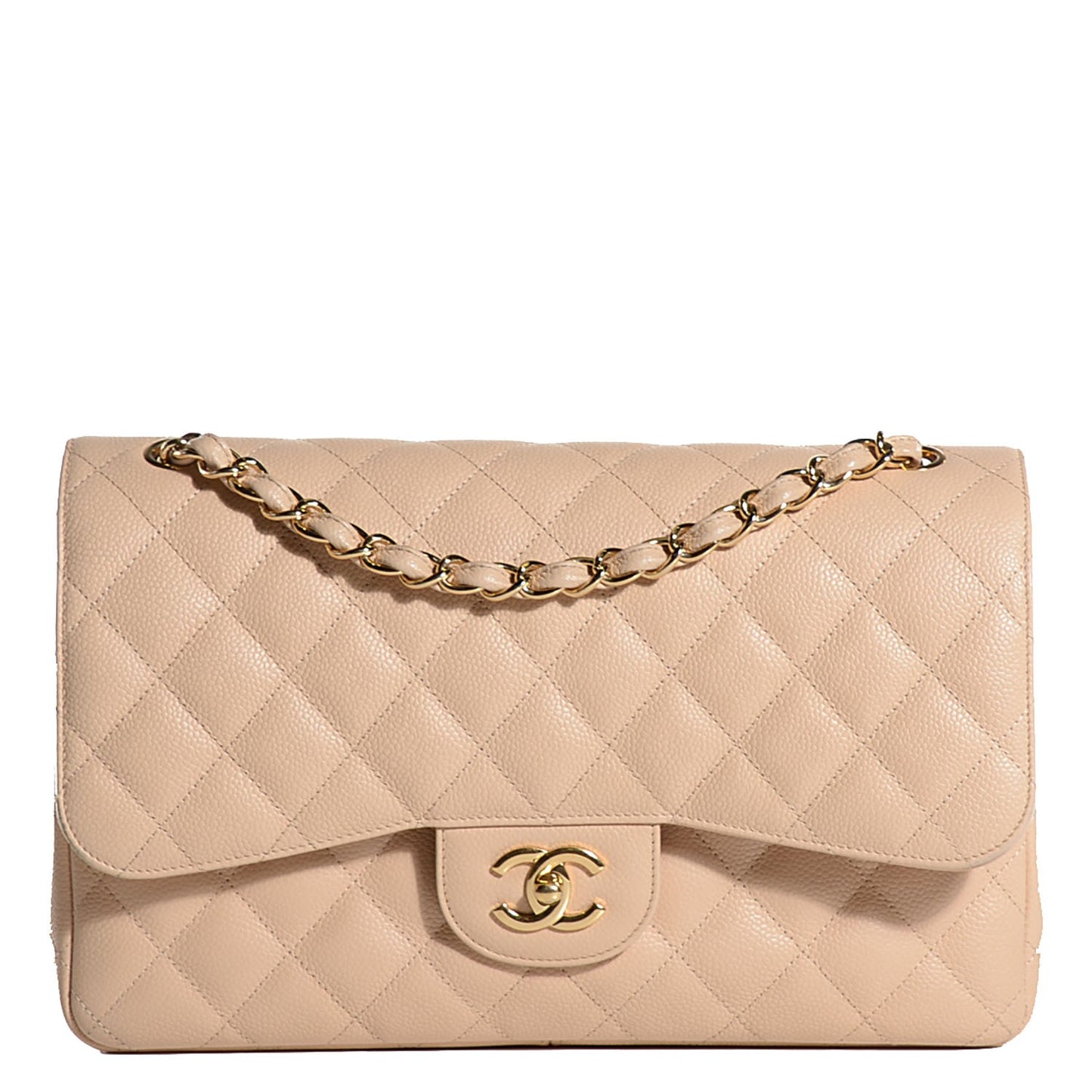 Caviar Quilted Jumbo Double Flap Beige Clair
