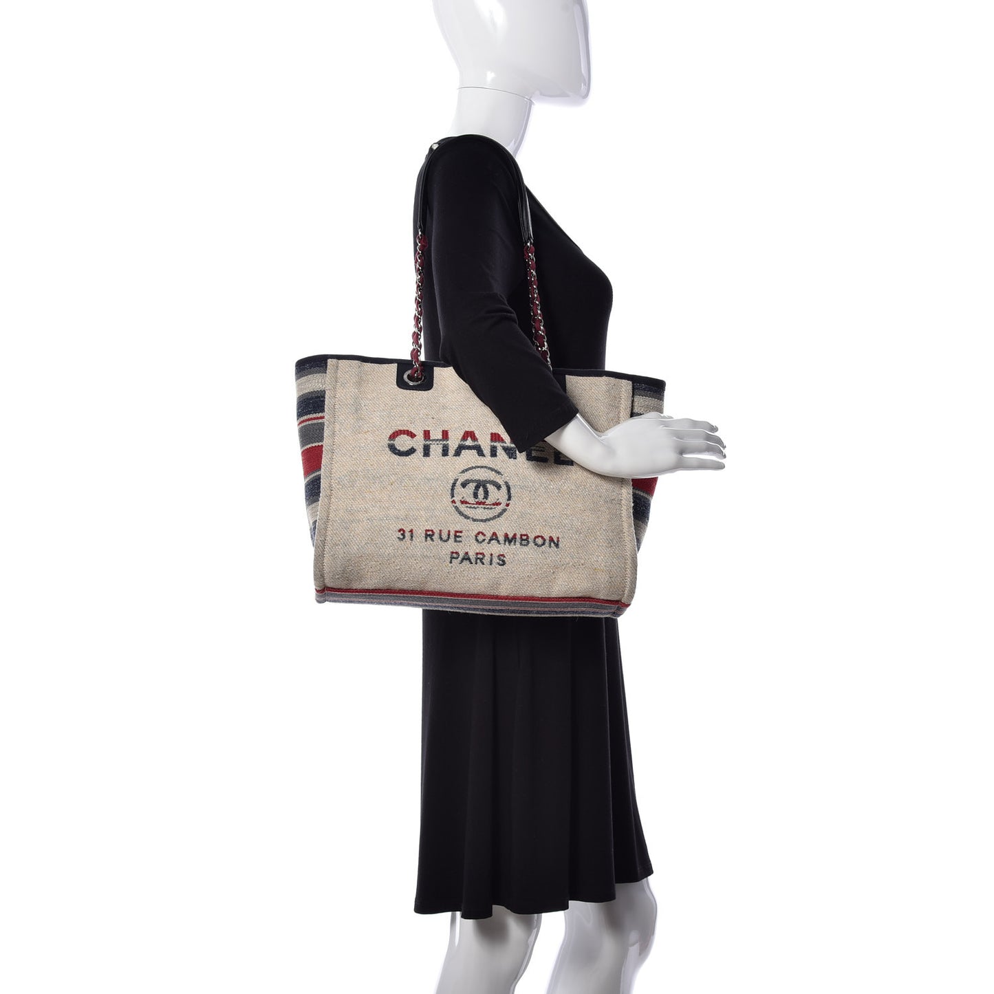 Striped Canvas Small Deauville Tote Beige
