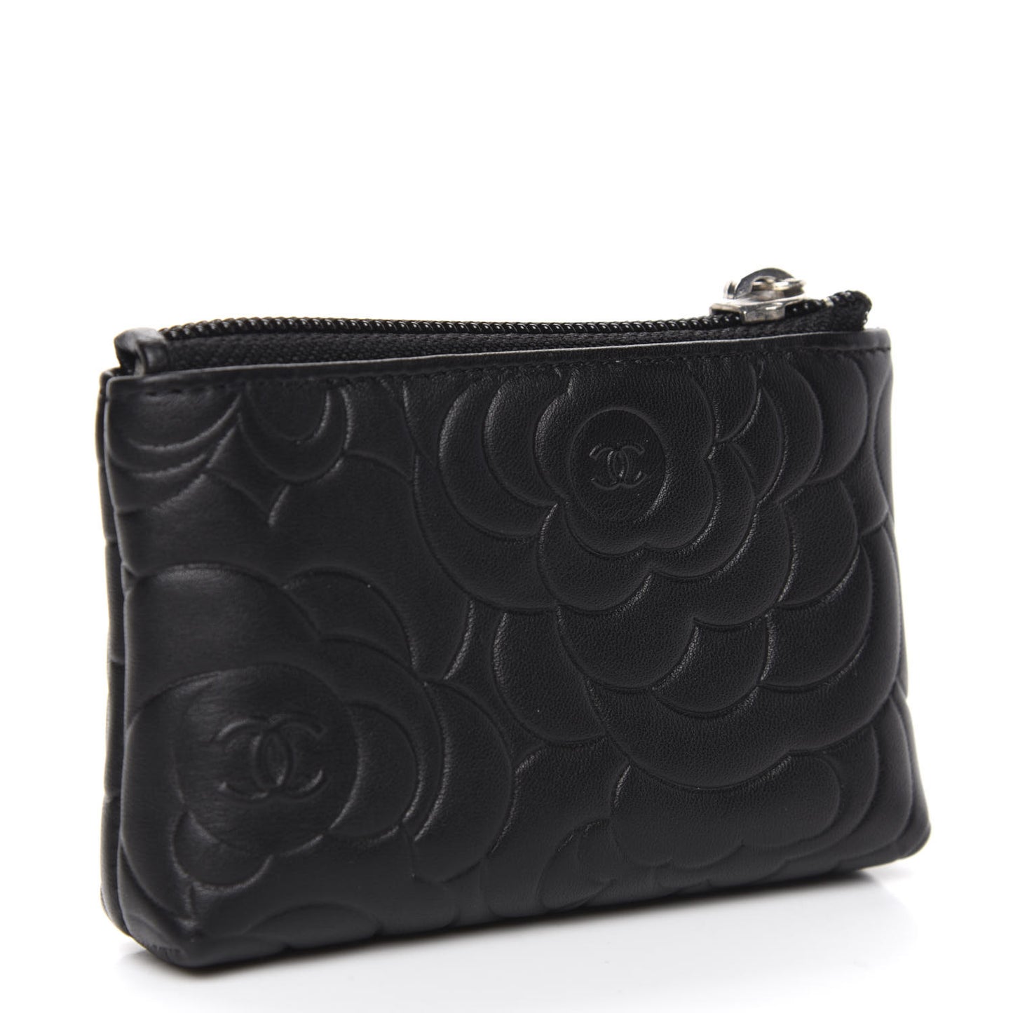 Lambskin Camellia Embossed Key Holder Case Black