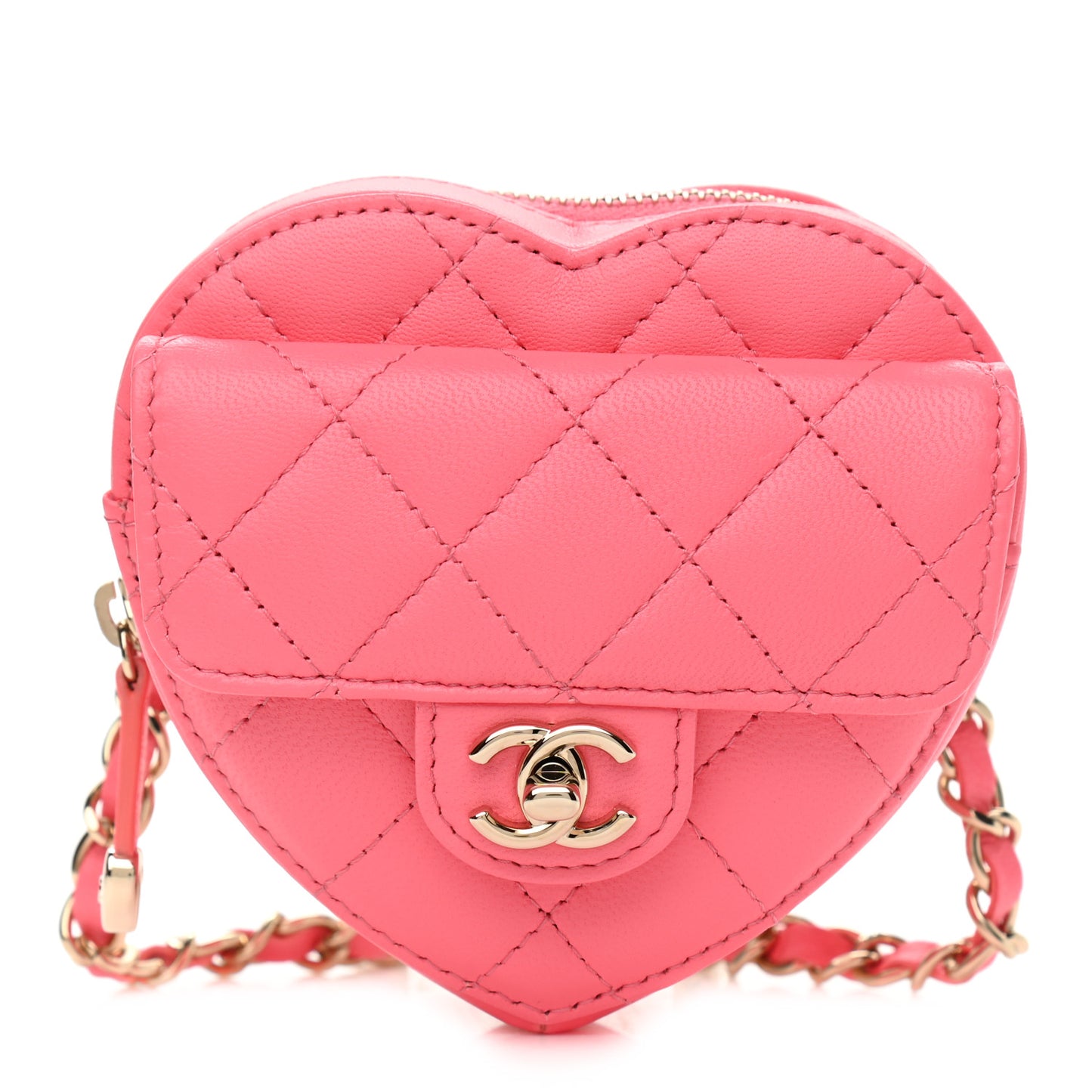 Lambskin Quilted CC In Love Heart Waist Belt Bag With Chain Pink
